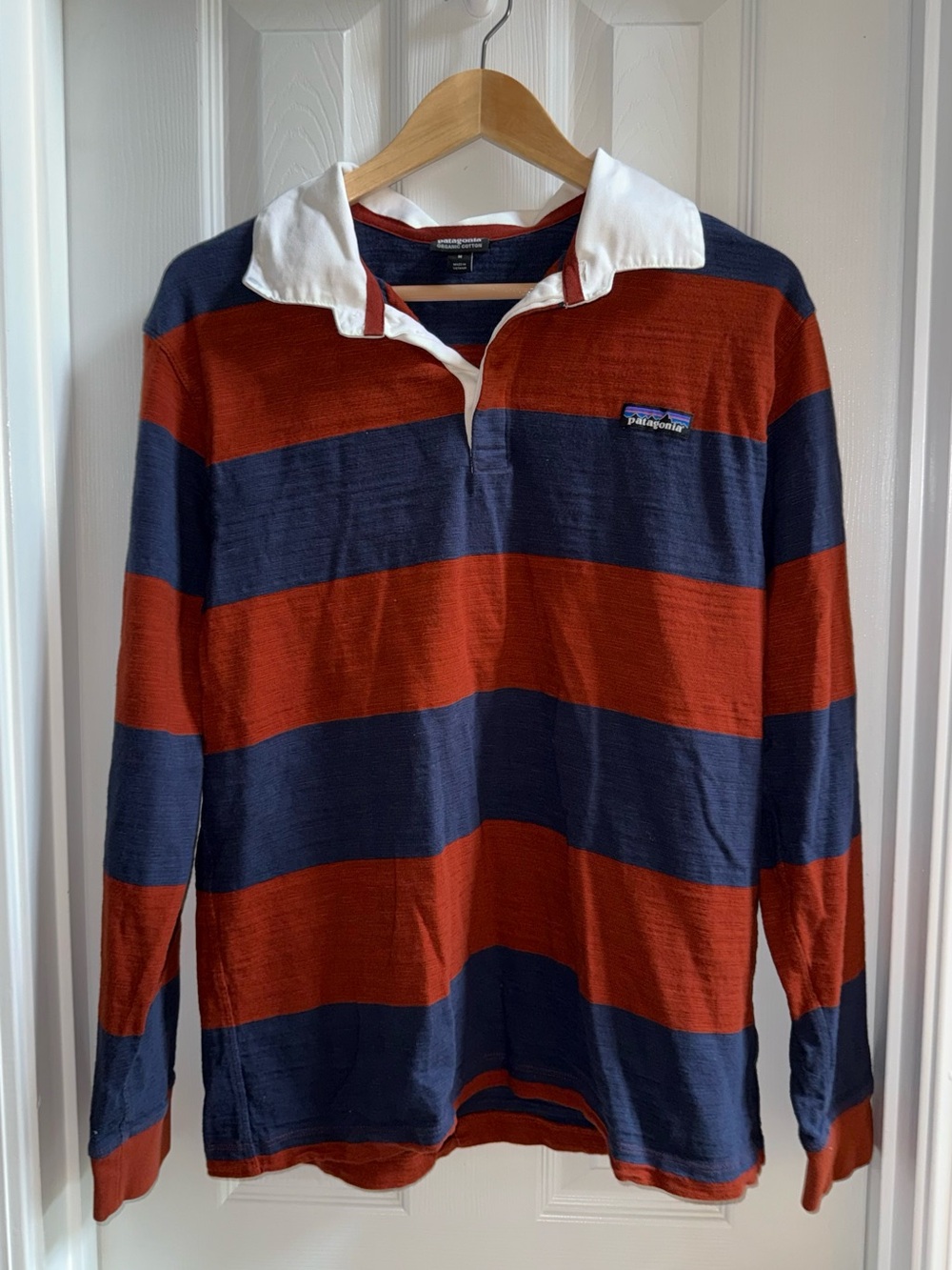 Patagonia Rugby Long Sleeve Collared Shirt Sz Medium Rust Blue Strip Preppy